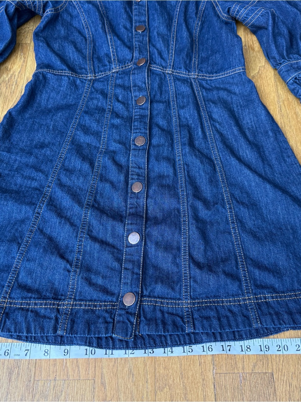 Anthropologie Button-up, Collared 3/4 Puff Sleeve Mini Blue Jean Dress Size 8 - Picture 8 of 12